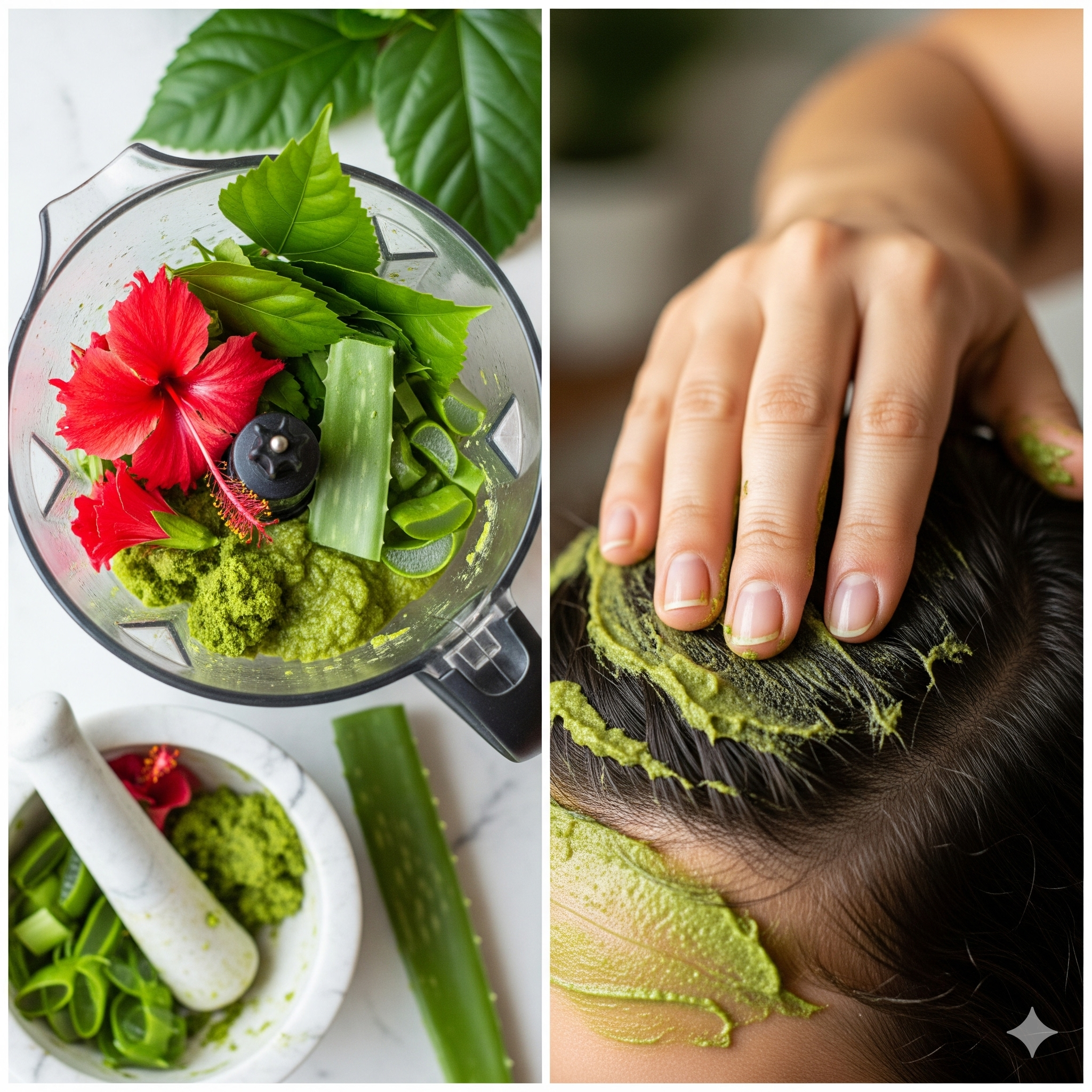 Aloe vera and hibiscus hair mask applied to scalp for dandruff-free shiny hair | Health Cure Remedies