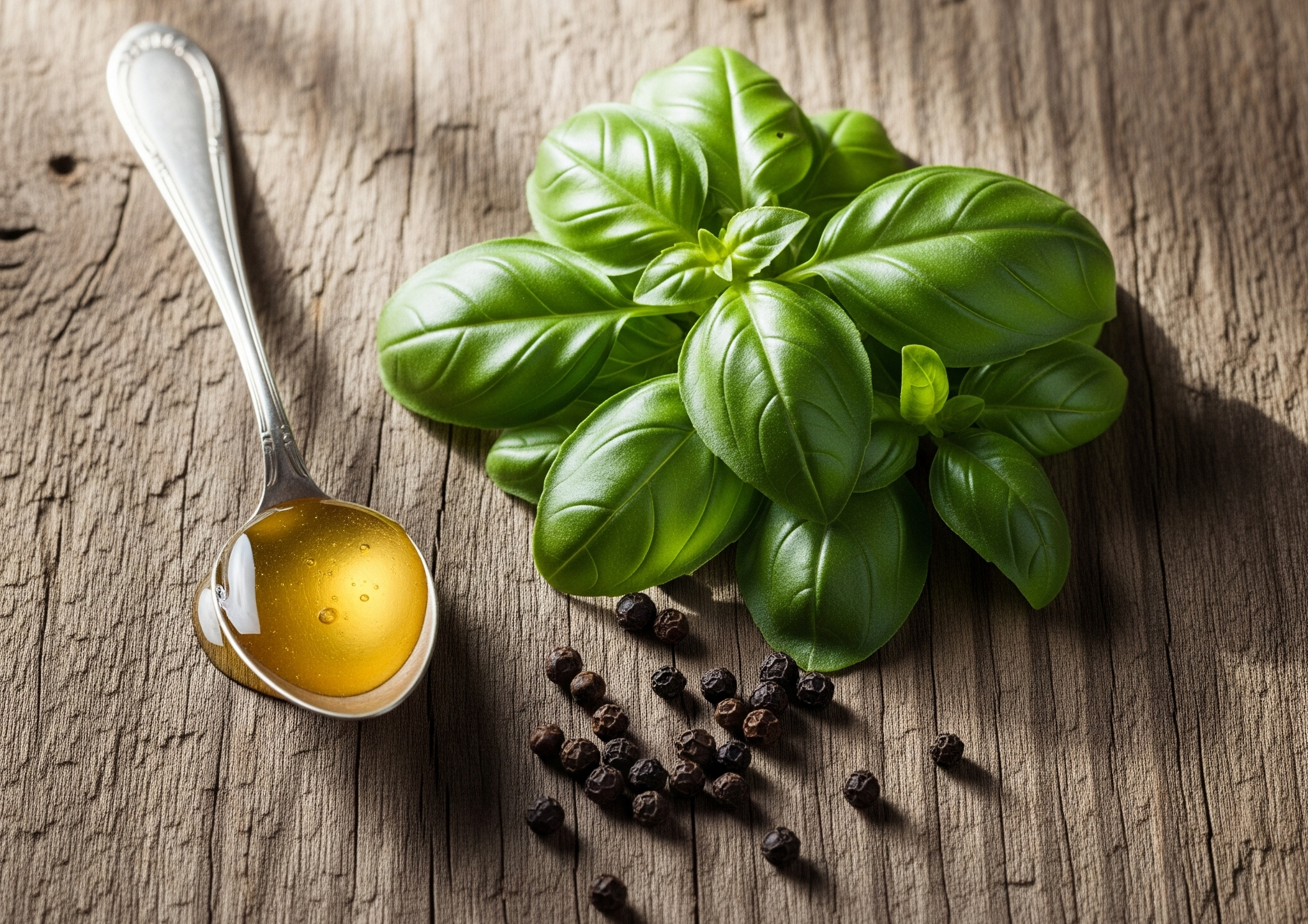 Fresh basil leaves with honey and black pepper used as natural remedy to relieve asthma and breathing problems