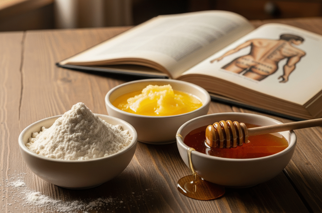 Flour, ghee, and honey natural remedy for back pain relief improving spine strength and reducing muscle inflammation