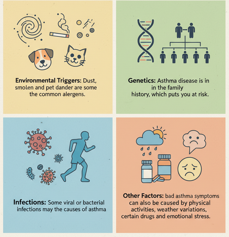 Infographic explaining asthma causes including dust, genetics, infections, stress, and weather that trigger breathing problems