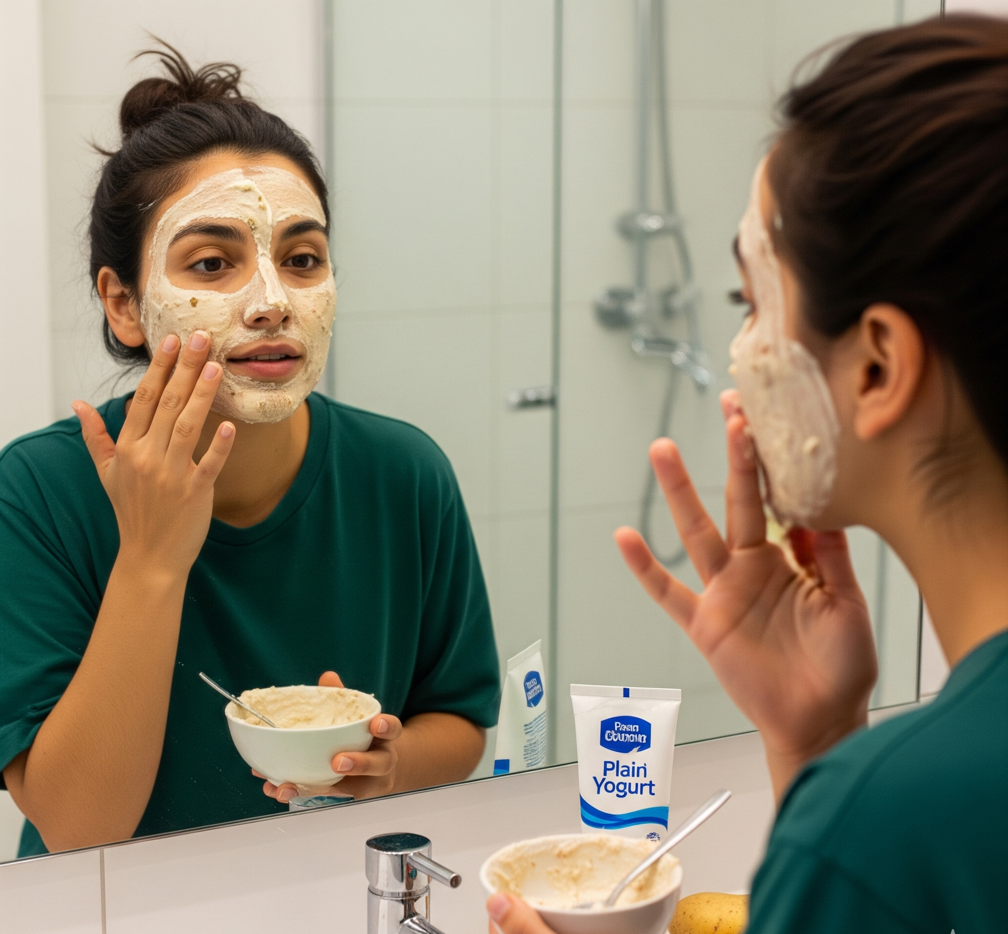 Woman using homemade yogurt face pack to reduce pigmentation and dark spots naturally